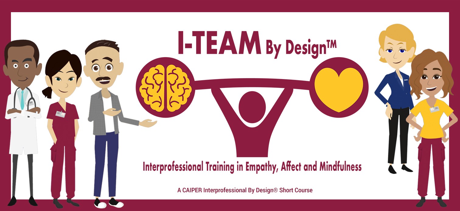 i-team by design, interprofessional training in empathy affect mindfulness cartoon characters surrounding weightlifter lifting a heart and brain