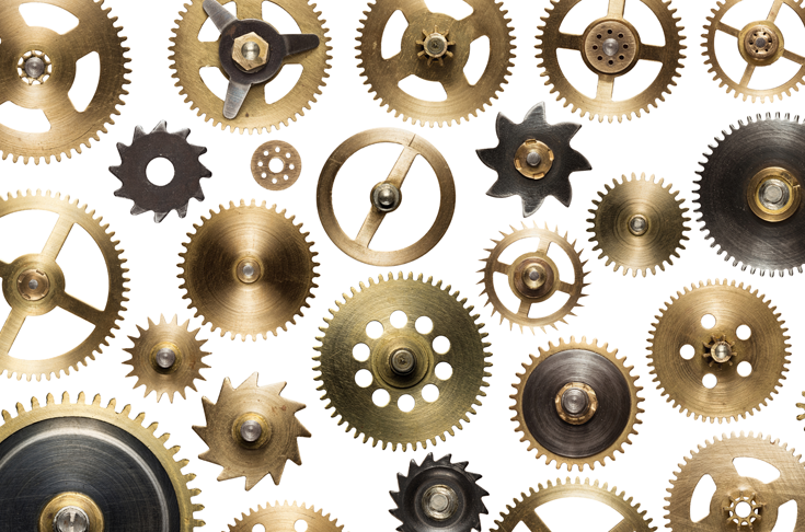Golden Gears of different sizes and shapes